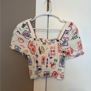 Monteau White and Red Patterned Blouse